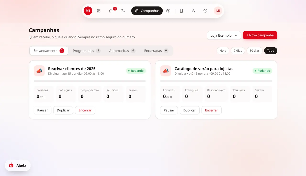 Tela Campanhas do painel do Metho Prospec
